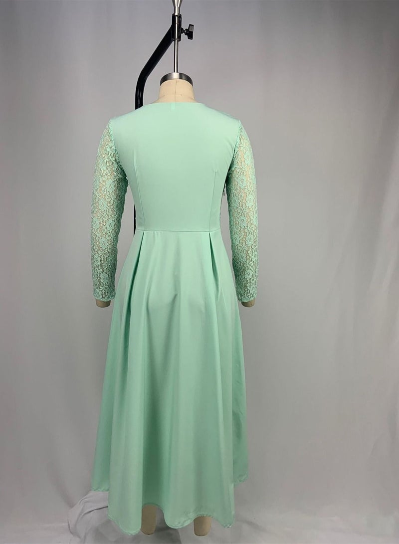 Loquat Lace Dress With High Waist And Long Sleeve Green  - Image 3