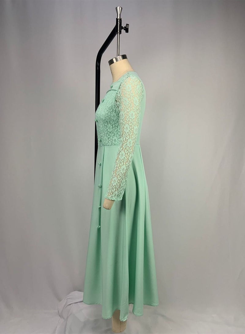 Loquat Lace Dress With High Waist And Long Sleeve Green  - Image 2