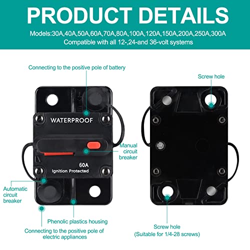 N.C 60 Amp Waterproof Circuit Breaker,with Manual Reset,12V-48V DC, for Car Marine Trolling Motors Boat ATV Manual Power Protect for Audio System Fuse - Image 4