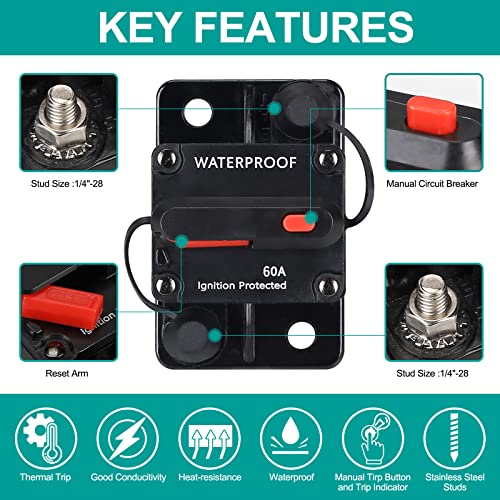 N.C 60 Amp Waterproof Circuit Breaker,with Manual Reset,12V-48V DC, for Car Marine Trolling Motors Boat ATV Manual Power Protect for Audio System Fuse - Image 5