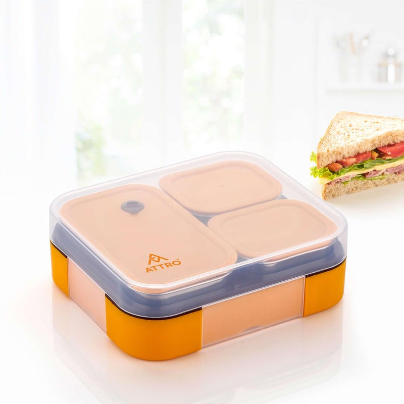 ATTRO Admire 3 Compartment Stainless Steel Lunch Box BPA Free, Durable & Lightweight, Easy to Carry, Compact Design Ideal for School, Office, College & Travel-Tangy Orange- 800ml - Image 4