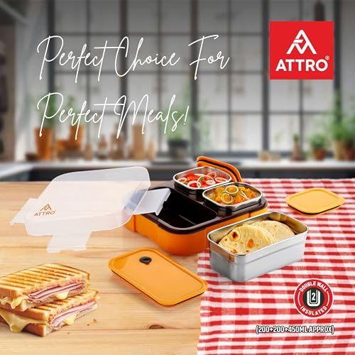ATTRO Admire 3 Compartment Stainless Steel Lunch Box BPA Free, Durable & Lightweight, Easy to Carry, Compact Design Ideal for School, Office, College & Travel-Tangy Orange- 800ml - Image 2