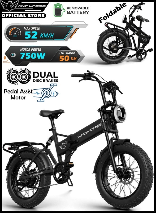 Wind Horse W0 Pro Electric Folding Bike for Adults, 750W Motor, 48V 10.4Ah Removable Battery, 35–45 KM Range, 20-Inch Off-Road Tires, Dual Shock Absorbers & Digital Display - Image 1