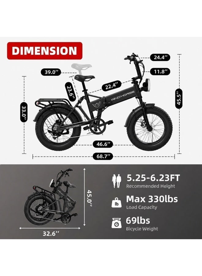 Wind Horse W0 Pro Electric Folding Bike for Adults, 750W Motor, 48V 10.4Ah Removable Battery, 35–45 KM Range, 20-Inch Off-Road Tires, Dual Shock Absorbers & Digital Display - Image 4