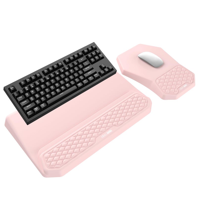 abc.mat 3-in-1 Ergonomic Keyboard Stand with Wrist Rest & Mouse Pad Set, Comfy Keyboard Riser Holder Soft Mousepad with Massage Design, Memory Foam and Non-Slip PU Base for Pain Relief, Pink - Image 1