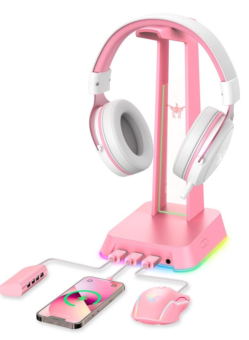 RGB Headphones Stand with 3.5mm AUX and 3 USB 2.0 Ports, Gaming Headset Holder Hanger with Non-slip Rubber Base for AJIJAR Gaming Headset (Not Included), PC, Desktop (Pink) - Image 1