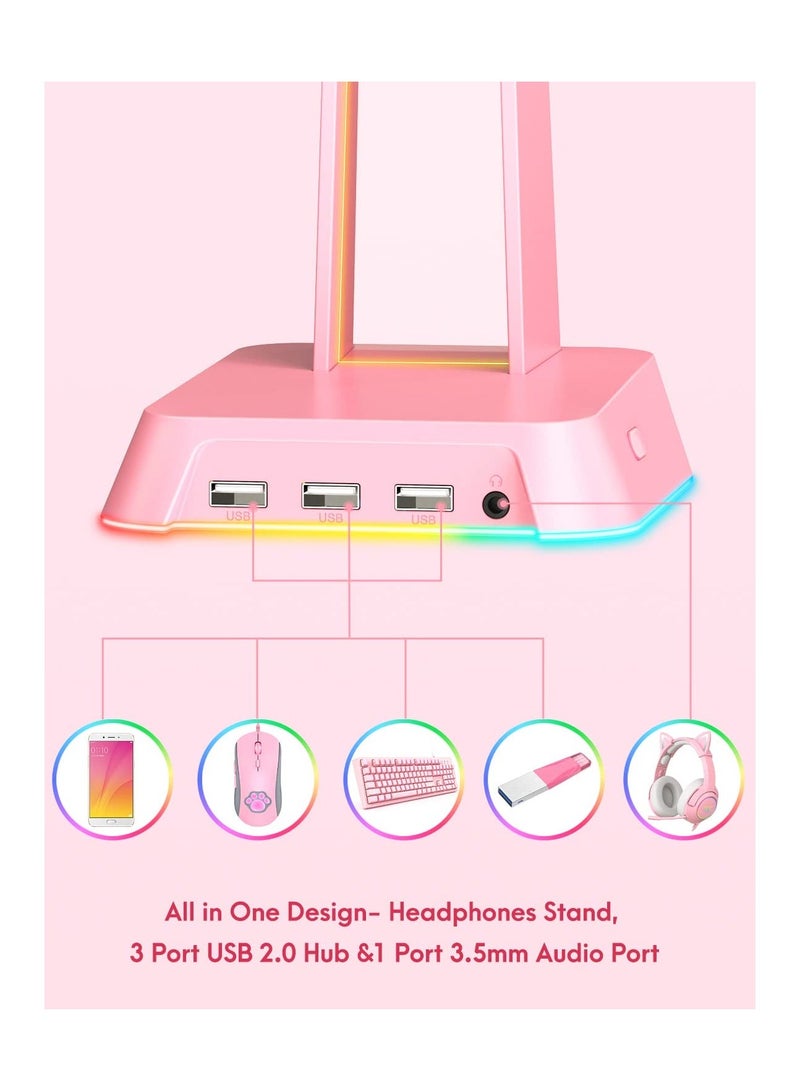 RGB Headphones Stand with 3.5mm AUX and 3 USB 2.0 Ports, Gaming Headset Holder Hanger with Non-slip Rubber Base for AJIJAR Gaming Headset (Not Included), PC, Desktop (Pink) - Image 3
