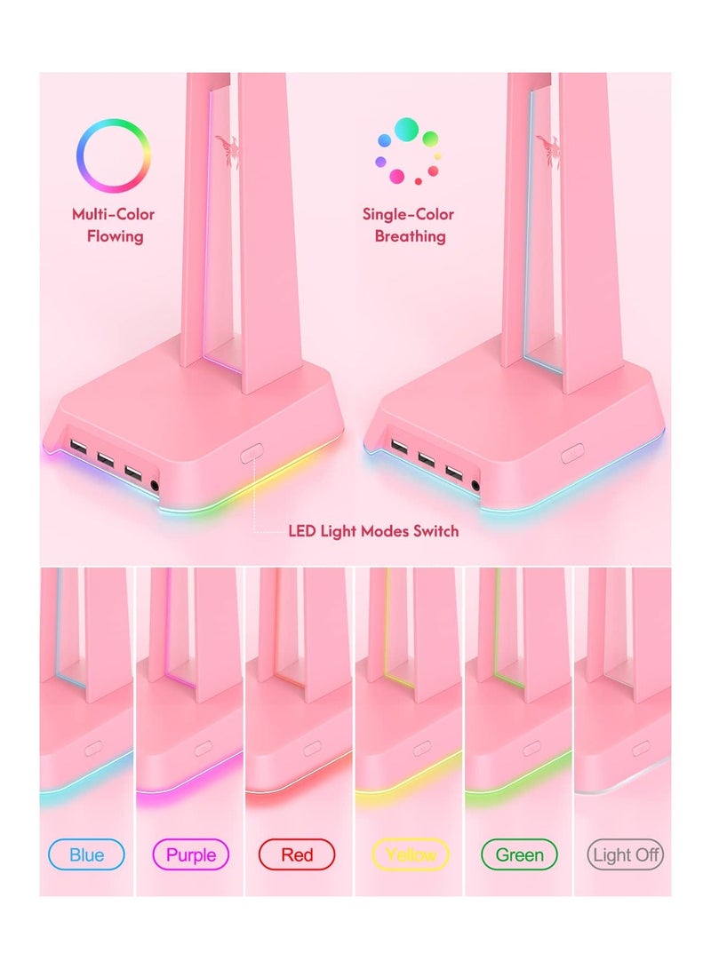 RGB Headphones Stand with 3.5mm AUX and 3 USB 2.0 Ports, Gaming Headset Holder Hanger with Non-slip Rubber Base for AJIJAR Gaming Headset (Not Included), PC, Desktop (Pink) - Image 2