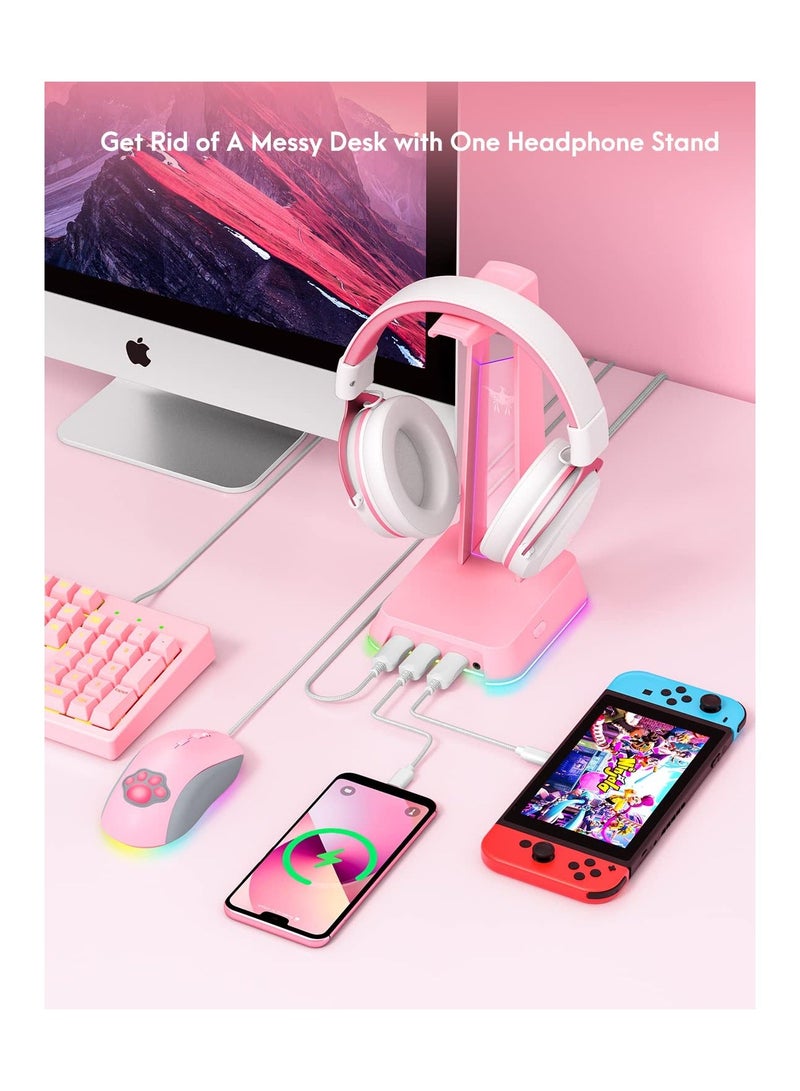 RGB Headphones Stand with 3.5mm AUX and 3 USB 2.0 Ports, Gaming Headset Holder Hanger with Non-slip Rubber Base for AJIJAR Gaming Headset (Not Included), PC, Desktop (Pink) - Image 5