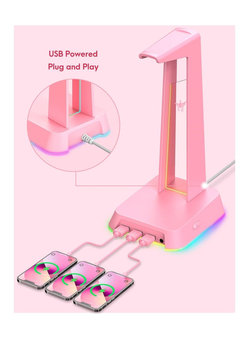 RGB Headphones Stand with 3.5mm AUX and 3 USB 2.0 Ports, Gaming Headset Holder Hanger with Non-slip Rubber Base for AJIJAR Gaming Headset (Not Included), PC, Desktop (Pink) - Image 4