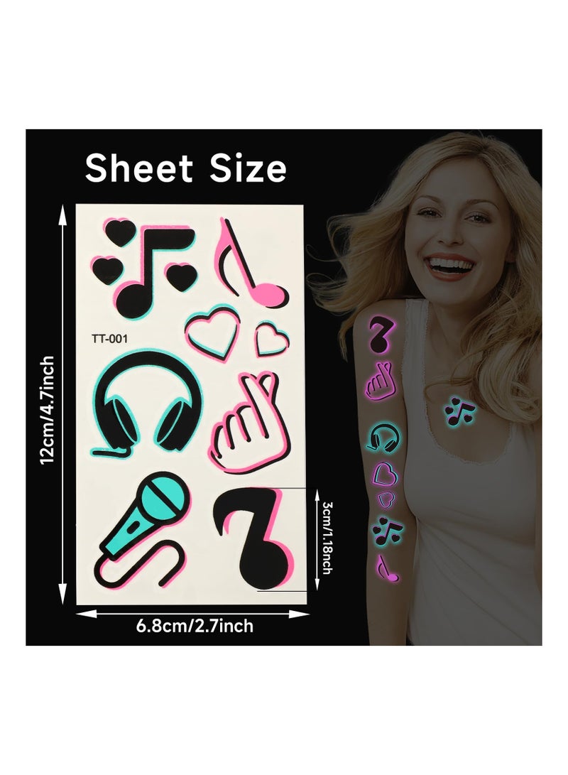SYOSI 20 Sheet 120 Patterns Glow in the Dark Music Body Stickers, Glow Theme Party Body Stickers with Luminous Neon Pink Blue Music Crown Note for Adults Kids Halloween Party Concert Make Up Face Stickers - Image 2