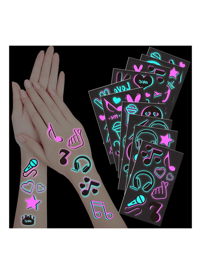 SYOSI 20 Sheet 120 Patterns Glow in the Dark Music Body Stickers, Glow Theme Party Body Stickers with Luminous Neon Pink Blue Music Crown Note for Adults Kids Halloween Party Concert Make Up Face Stickers - Image 1