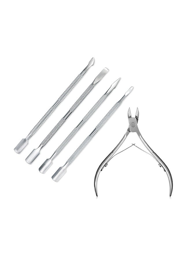 5-Piece Cuticle Spoon Pusher Remover Cutter Nail Nipper Set,Silver - Image 1