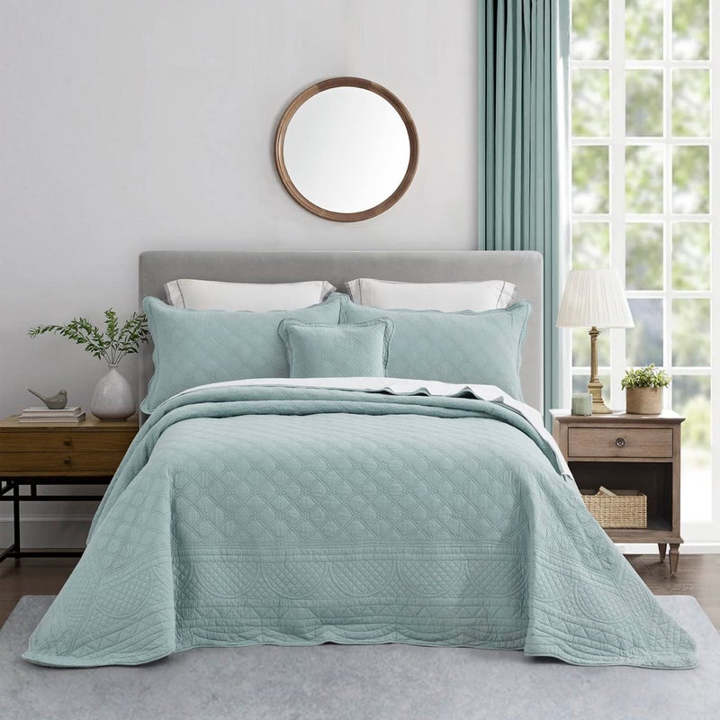 CHIXIN Oversized Cotton Bedspread Queen Size  Real Stitching  Luxury Quilted Bedding Cover for All Season Reversible Ultra Soft Lightweight 3 Piece Pale Blue