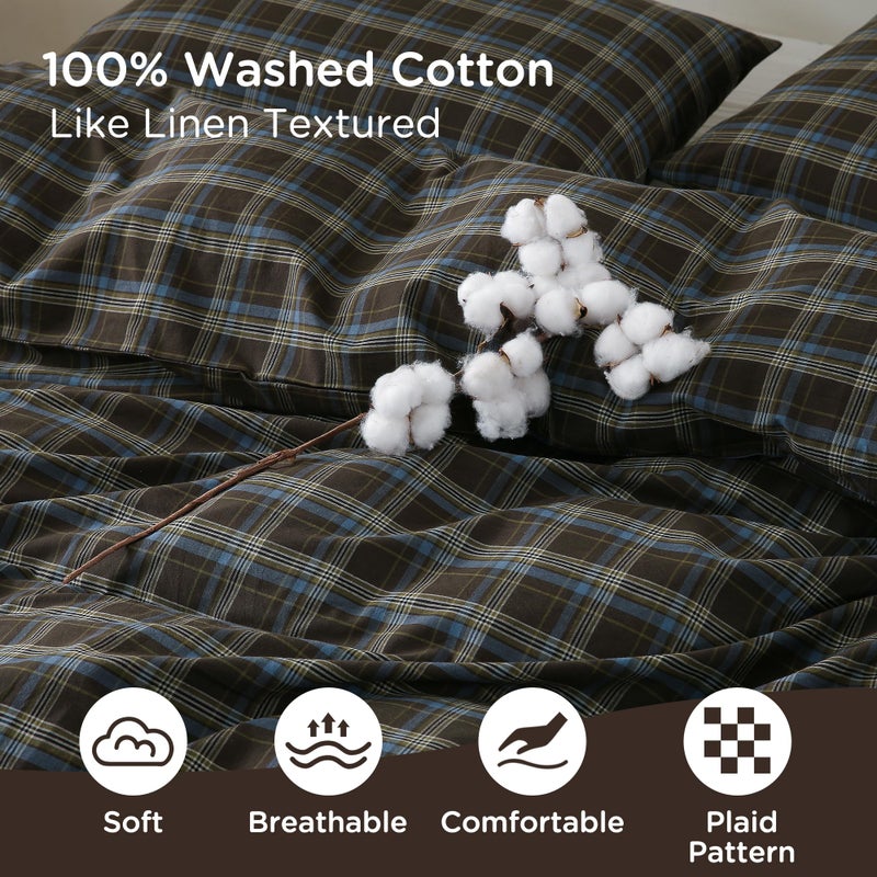 TOCOMOA Buffalo Plaid Duvet Cover Set 100% Washed Cotton Like Linen Feel Super Soft Comfy 3 Piece Brown Blue Gingham Checkered Bedding Comforter Cover Set (Queen 90"x90", Comforter Not Included) - Image 5