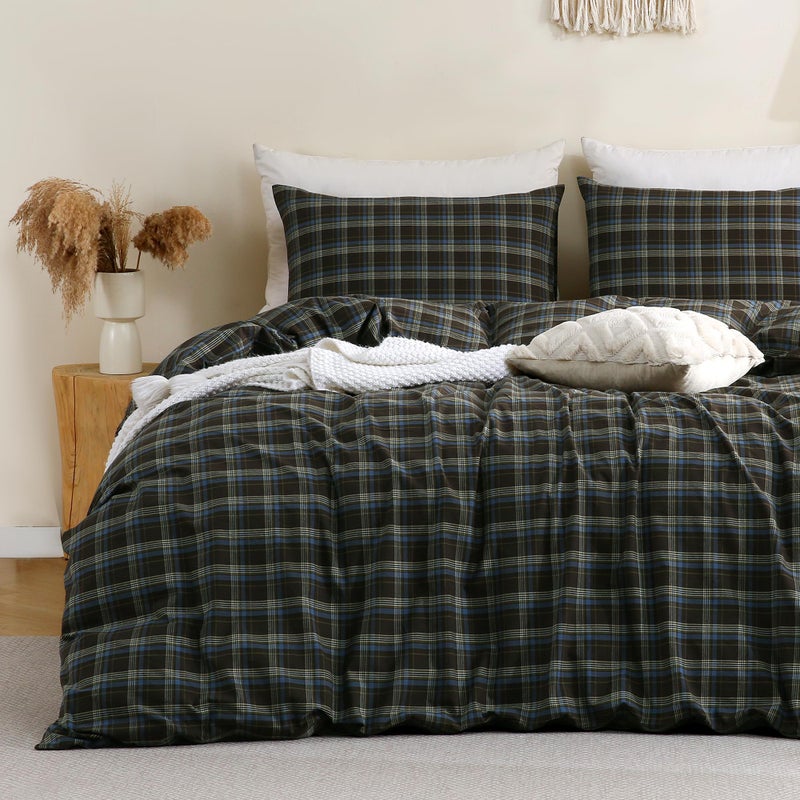 TOCOMOA Buffalo Plaid Duvet Cover Set 100% Washed Cotton Like Linen Feel Super Soft Comfy 3 Piece Brown Blue Gingham Checkered Bedding Comforter Cover Set (Queen 90"x90", Comforter Not Included) - Image 1