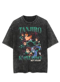 Washed retro T-shirt street hip hop anime Demon Slayer Kimetsu No Yaiba casual cotton summer short sleeves