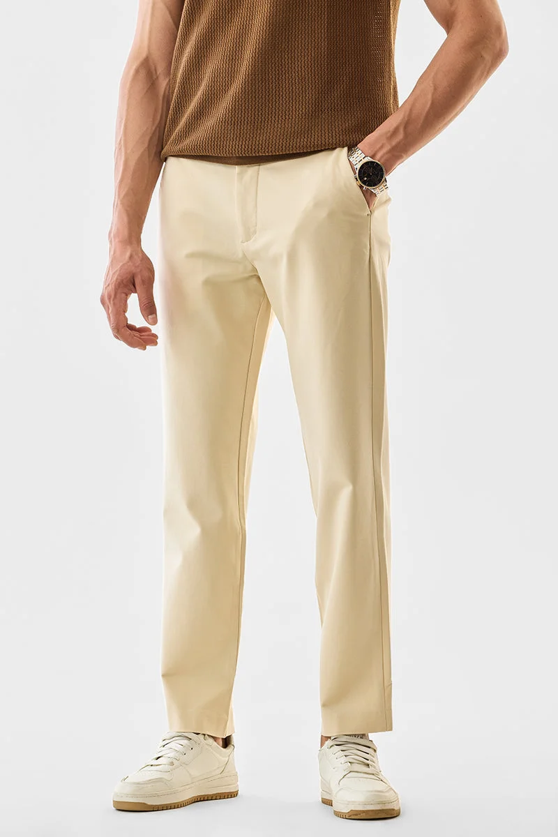 SNITCH Beige Solid Regular Fit Formal Trousers