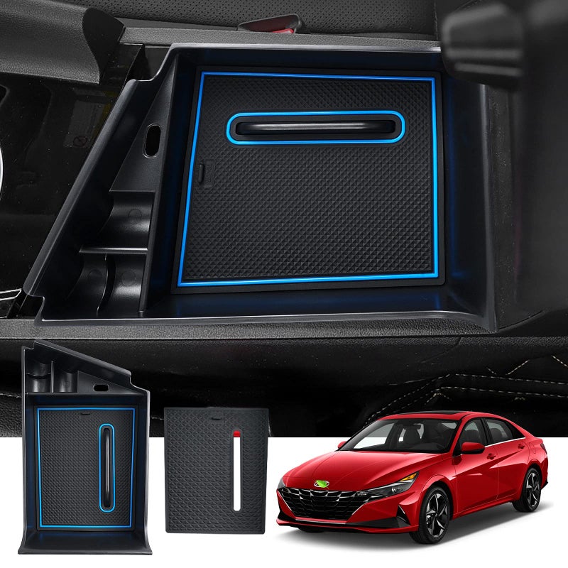 Autorder Center Console Organizer for Hyundai Elantra (CN7) 2021 2022 Accessories Armrest Box Secondary Storage Box Insert Tray with Two Color Mats (Black and Blue)