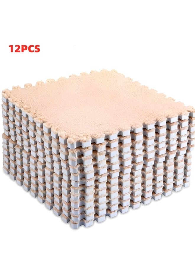 Beauenty - 12 Pcs Interlocking Foam Mat Floor Tiles,Thickened Plush Eva Foam Padding,Foam Play Floor Mat with Border,Fluffy Protective Floor Tiles for Exercising,Yoga,Playroom (11.85 X 11.85in,Camel) - Image 1