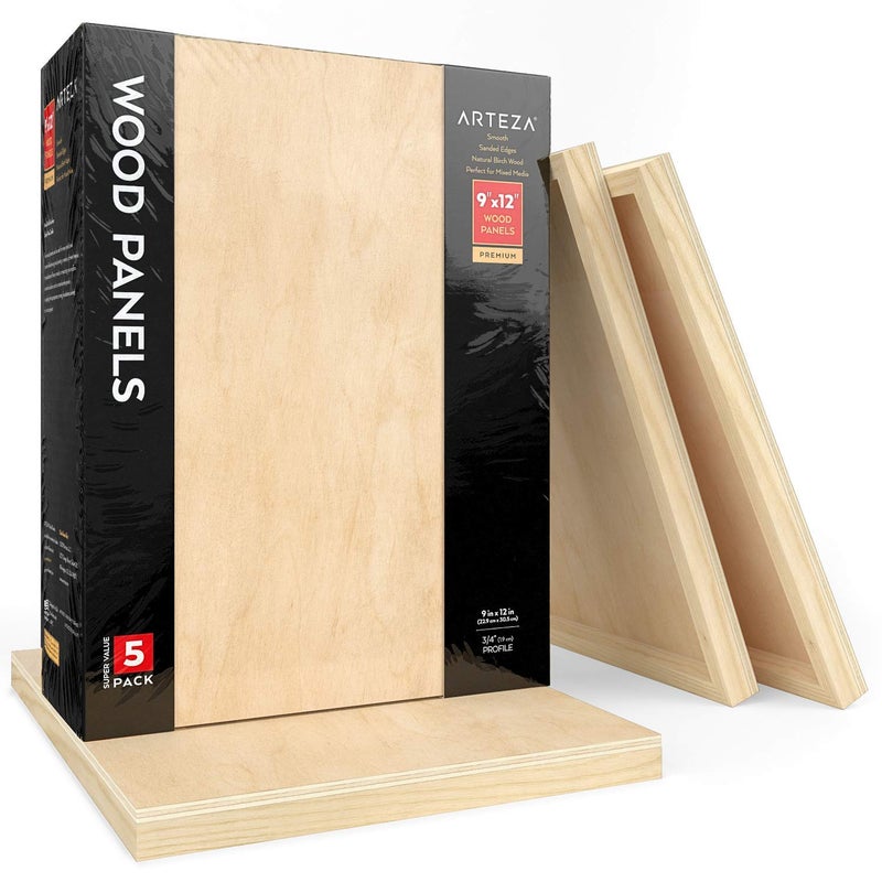 ARTEZA لوحة قماش خشبية من ARTEZA بحجم 9x12 بوصة عبوة من 5 ألواح خشب البتولا المخصصة للرسم، صب الأكريليك، فن الشمع، وحرق الخشب
