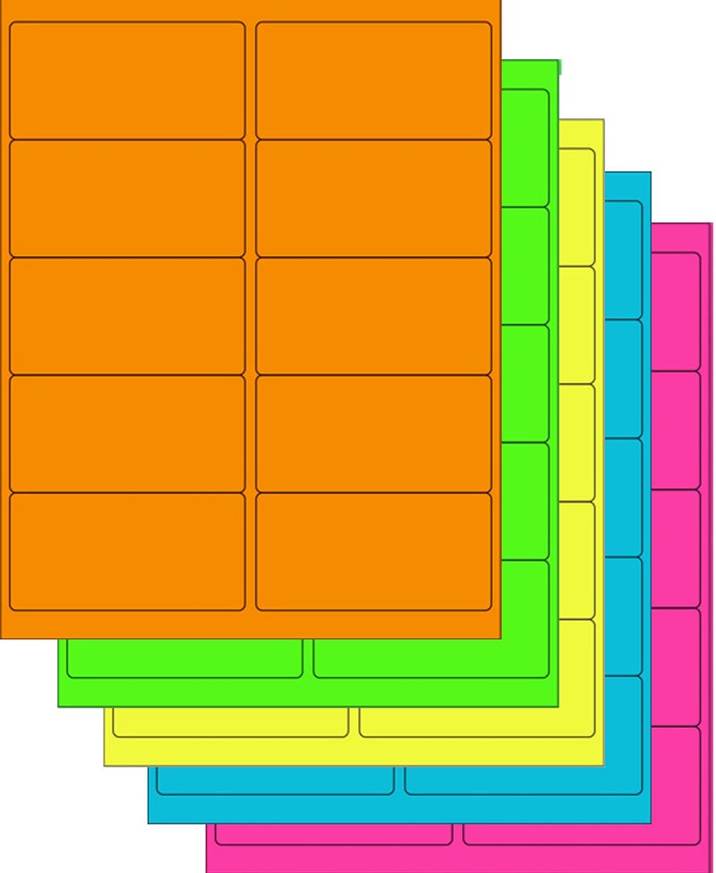 NextDayLabels - Assorted Fluorescent Labels | 5 Colors - Green, Orange, Blue, Yellow and Pink | 5 Sheets of Each Color | 4"x 2" - 10 Per Page | 250 Labels - Image 1