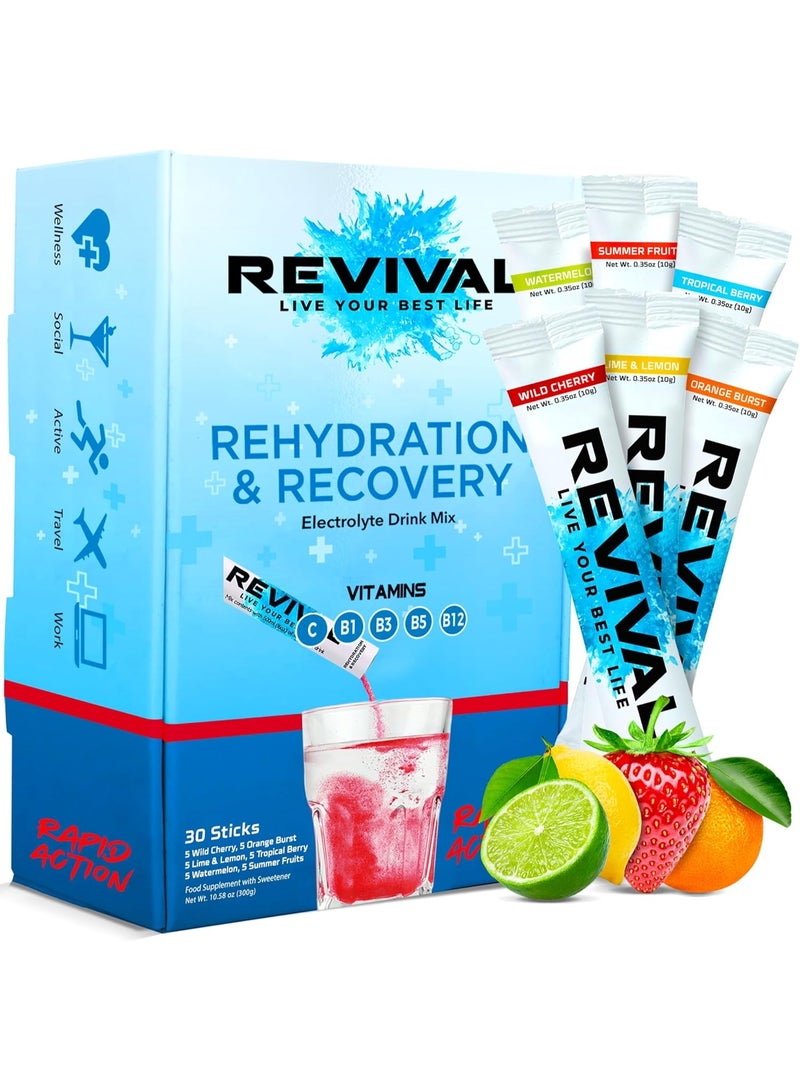 ريفايفال مسحوق ريفايفل شوتس للترطيب السريع - مكمل غذائي عالي التركيز من فيتامينات C وB1 وB3 وB5 وB12، مشروب فوار بنكهة متنوعة، عبوة من 30 كيسًا - Image 1
