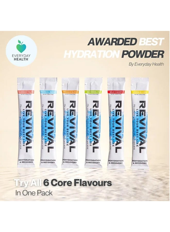 Revival Shots Rapid Rehydration Electrolytes Powder - High Strength Vitamin C, B1, B3, B5, B12 Supplement Sachet Drink, Effervescent Electrolyte Hydration Assorted Flavours Pack Of 30