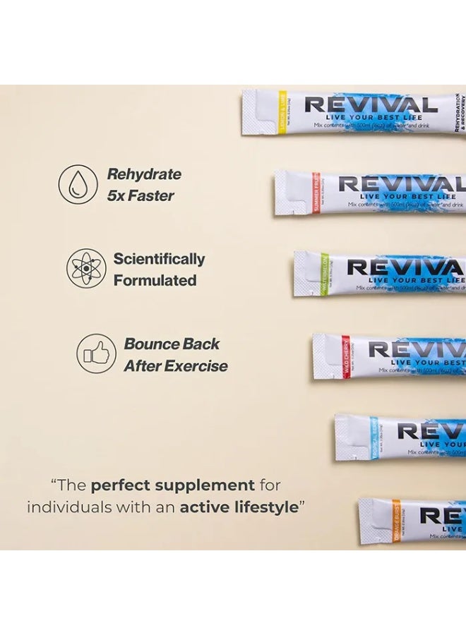 Revival Shots Rapid Rehydration Electrolytes Powder - High Strength Vitamin C, B1, B3, B5, B12 Supplement Sachet Drink, Effervescent Electrolyte Hydration Assorted Flavours Pack Of 30