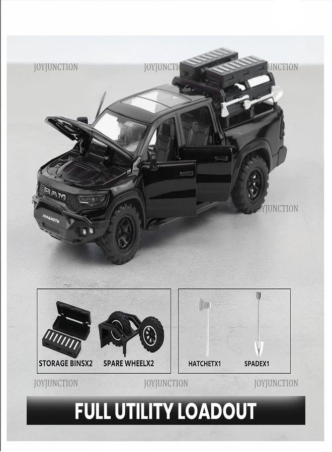 JOY JUNCTION سيارة نموذجية من طراز JOY JUNCTION RAM Mammoth Pick-Up بمقياس 1:32، مصنوعة من سبيكة معدنية حصرية، تعمل بنظام السحب للخلف، مزودة بأبواب قابلة للفتح وموسيقى خفيفة (لون أسود). - Image 4