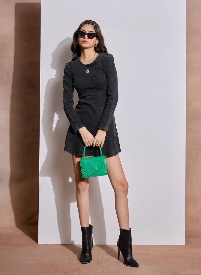 SASSAFRAS Women Black Denim Mini Dress
