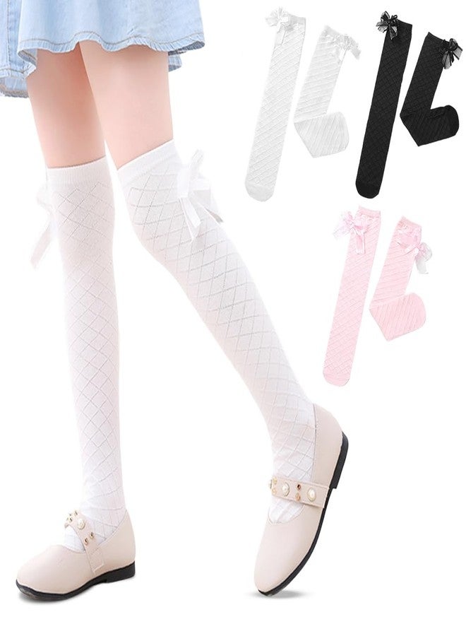 PALAY® 3 Pairs Girls Stockings Kawaii Bow Stockings 13.7 inches Knee High Stockings Breathable Cotton Soft Stockings Fashion Lolita Stockings for Skirt, School Uniform, Leather Shoes - Image 1