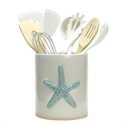 Bicuzat Ceramic Starfish Embossed Utensil Holder Large Cooking Utensil Crocks for Countertop Ocean Style Utensil Organizer for Spatula - Image 1
