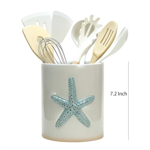 Bicuzat Ceramic Starfish Embossed Utensil Holder Large Cooking Utensil Crocks for Countertop Ocean Style Utensil Organizer for Spatula - Image 3