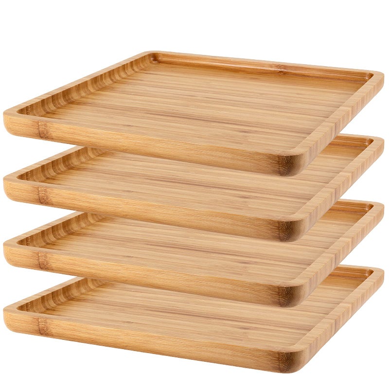MUKLEI 4 Pack 12 Inches Square Bamboo Tray Natural Bamboo Serving Platter Bamboo Serving Tray for Coffee Tea Fruits Cheese