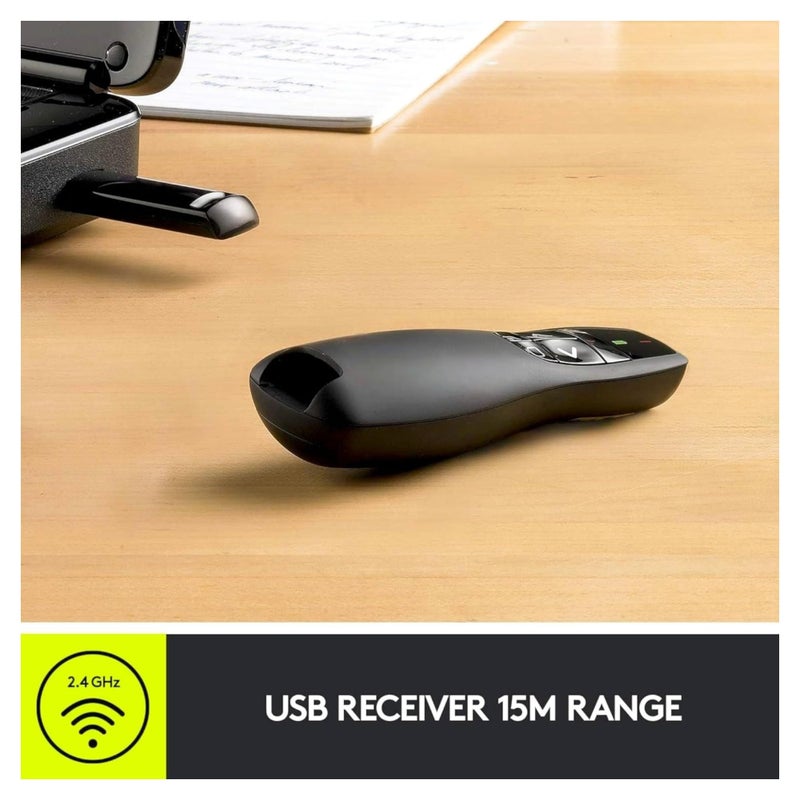 Professional R400 Wireless Presentation Remote - Red Laser Pointer - 15m Range - Battery Status Indicator & Storable USB Receiver - Slideshow Clicker for PowerPoint/Keynote - Windows Compatible - Image 3