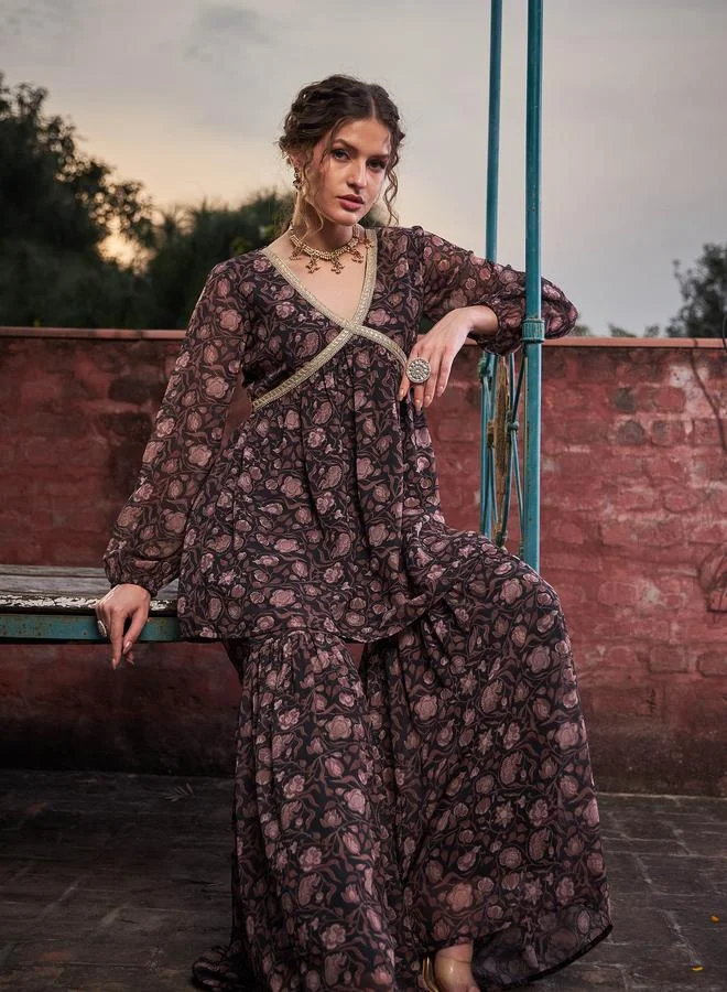 SASSAFRAS SASSAFRAS Black Floral Print V-Neck Peplum Top with Sharara Pants Set