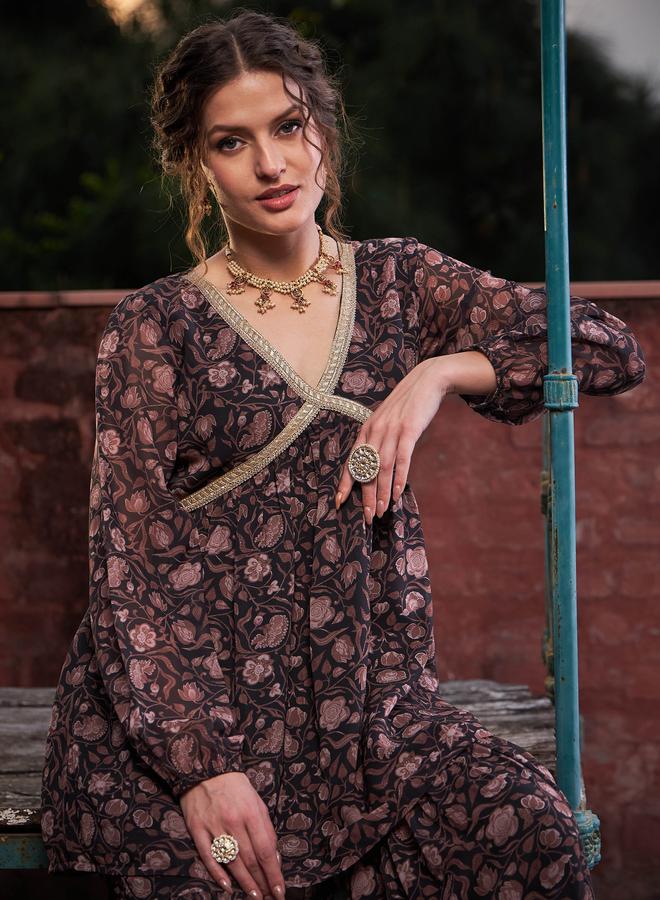 SASSAFRAS Black Floral Print V-Neck Peplum Top with Sharara Pants Set - Image 4