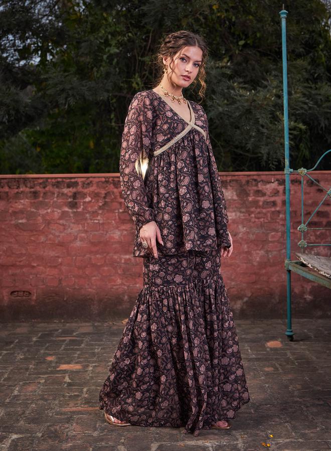 SASSAFRAS Black Floral Print V-Neck Peplum Top with Sharara Pants Set - Image 3