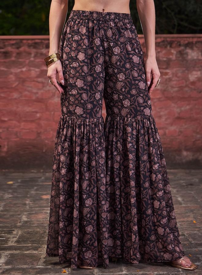 SASSAFRAS Black Floral Print V-Neck Peplum Top with Sharara Pants Set - Image 5