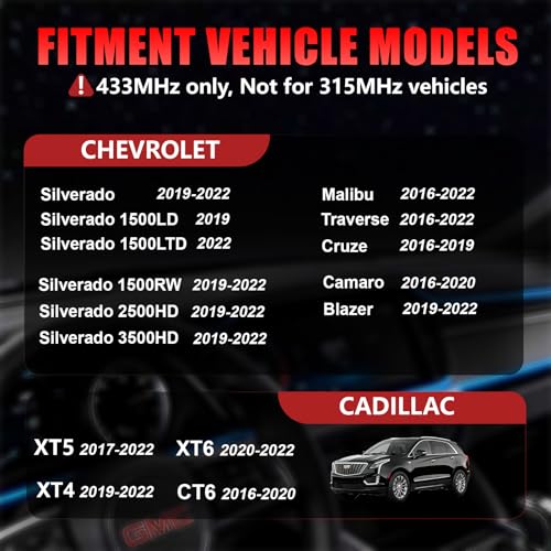 Cangecit Pre-Programmed 433Mhz TPMS Sensor Compatible with Chevy Silverado1500/2500/3500(2019-2022), Cruze(2016-2022), Traverse(2016-2022), Cadillac XT5 (2017-2022) OE# 13598773 13528563(4PCS) - Image 2