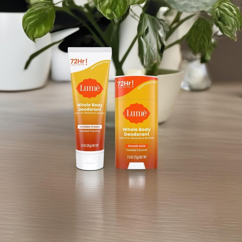 Lume Whole Body Deodorant - Invisible Cream Tube and Solid Stick - 72 Hour Odor Control - Aluminum Free, Baking Soda Free, Skin Safe - 3.0 Ounce 2.6 Ounce Bundle (Toasted Coconut) - Image 5