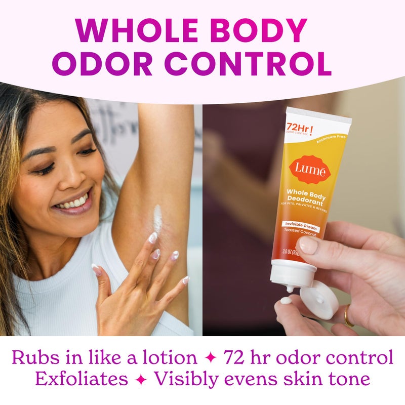 Lume Whole Body Deodorant - Invisible Cream Tube and Solid Stick - 72 Hour Odor Control - Aluminum Free, Baking Soda Free, Skin Safe - 3.0 Ounce 2.6 Ounce Bundle (Toasted Coconut) - Image 4
