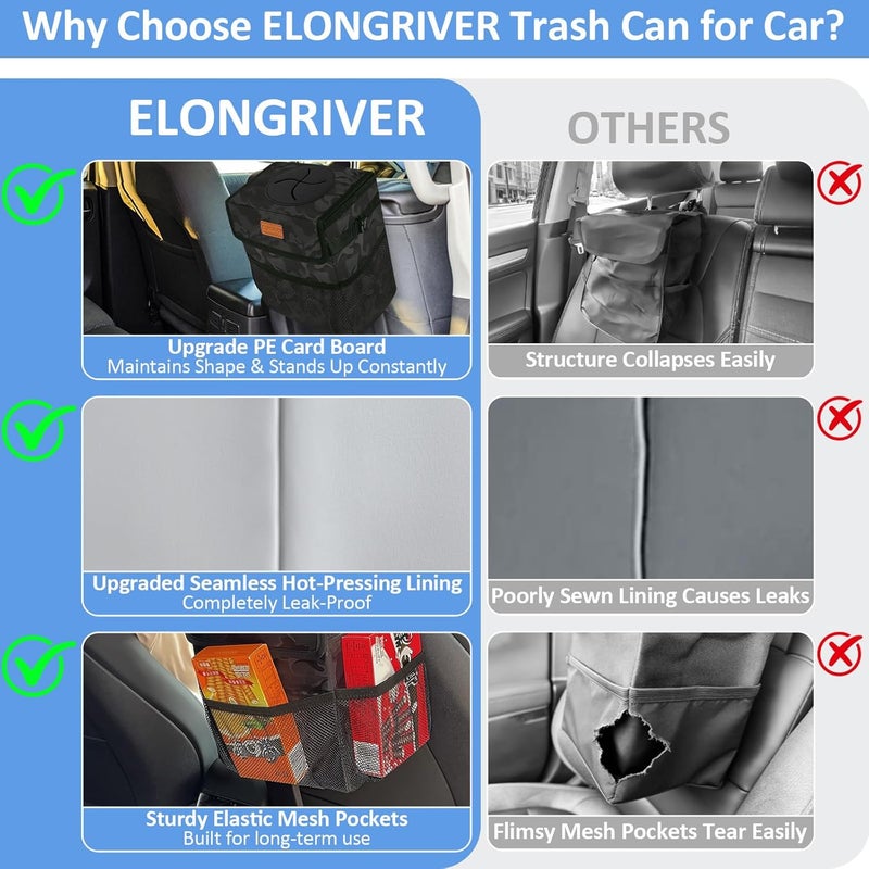 ELONGRIVER Car Trash Can Bin for Back Seat Leak Proof, Cute Car Trash Bag Hanging, Vehicle Trash Can for SUV Truck Van, Automotive Garbage Cans Front Seat Camo Black - Image 5