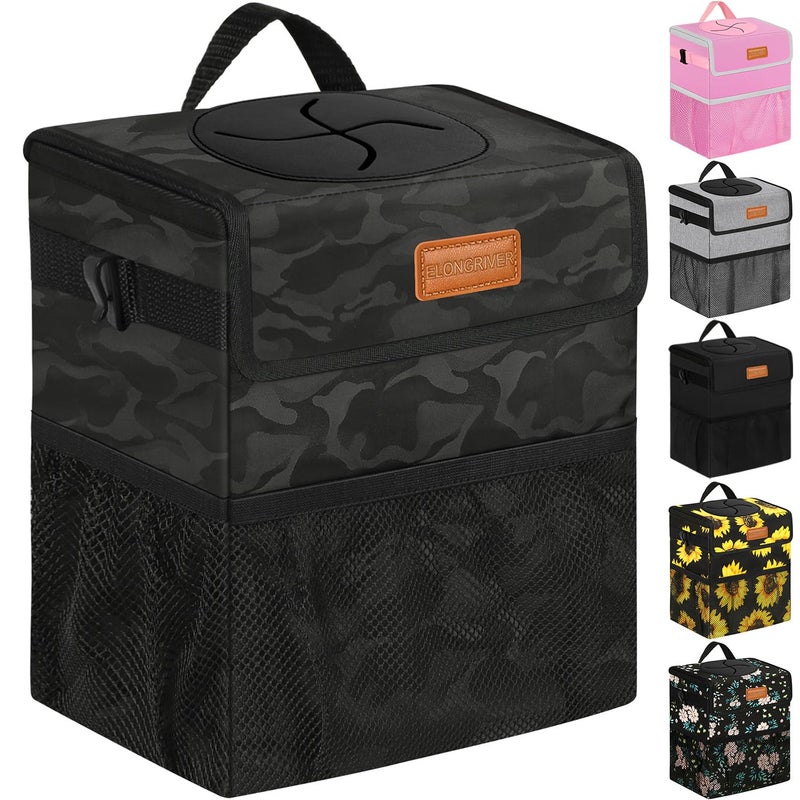 ELONGRIVER Car Trash Can Bin for Back Seat Leak Proof, Cute Car Trash Bag Hanging, Vehicle Trash Can for SUV Truck Van, Automotive Garbage Cans Front Seat Camo Black - Image 1