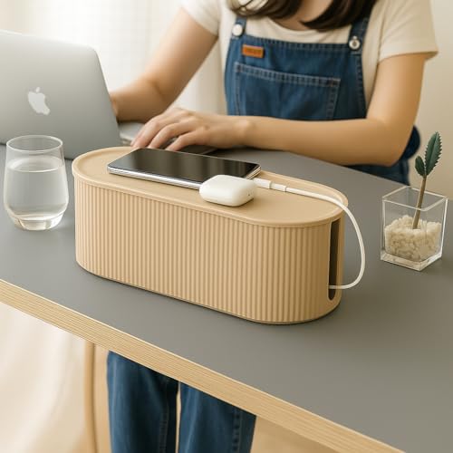 Soko Cable Management Box with Mobile Stand | Cords Hider & Surge Protector | Concealer for Power Strips, Router, TV, Gadget Wires Storage Organizer Tray for Desk, Table – Home, Office – Brown - Image 2