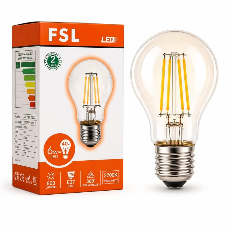 FSL LED Filament Bulb A60 – 6W (40W Equivalent) – Warm White 2700K – E27 Base – Energy Saving & Long Life - Image 1