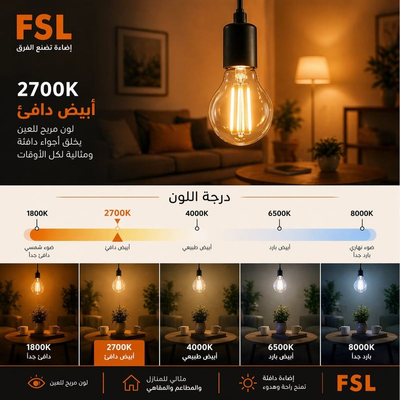 FSL LED Filament Bulb A60 – 6W (40W Equivalent) – Warm White 2700K – E27 Base – Energy Saving & Long Life - Image 4