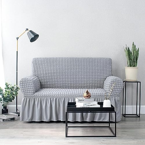 House of Quirk Turkish Bubble Frill Five Seater 3 + 1 + 1 Sofa Slipcovers 280 GSM, Durable Washable Universal Triple Seater High Elastic Furniture Protector (Smoke) - Image 2