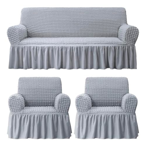 House of Quirk Turkish Bubble Frill Five Seater 3 + 1 + 1 Sofa Slipcovers 280 GSM, Durable Washable Universal Triple Seater High Elastic Furniture Protector (Smoke) - Image 1